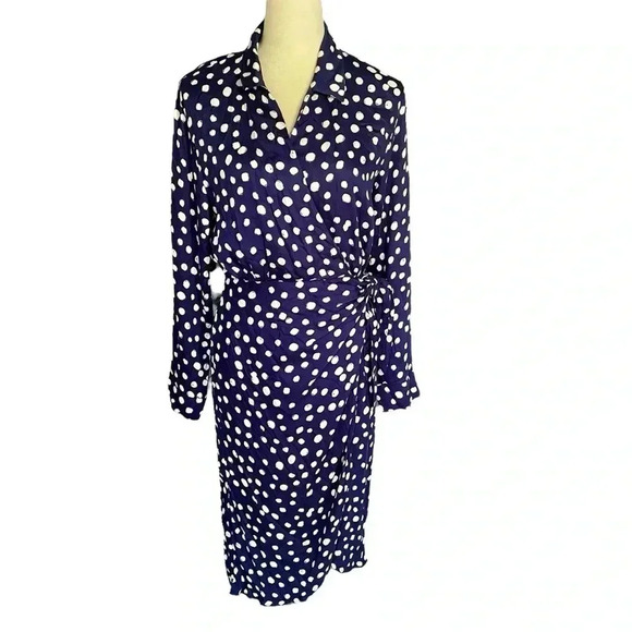 Velvet by Graham & Spencer Kenia Waist Tie Navy Polka Dots Midi Dress Women Sz S - Picture 3 of 9